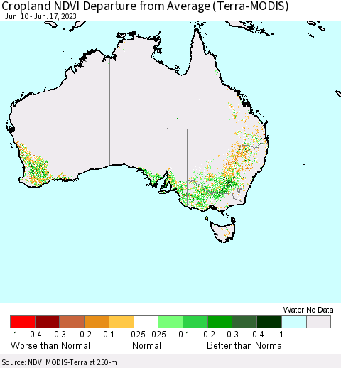 Australia Cropland NDVI Departure from Average (Terra-MODIS) Thematic Map For 6/10/2023 - 6/17/2023