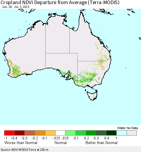 Australia Cropland NDVI Departure from Average (Terra-MODIS) Thematic Map For 6/26/2023 - 7/3/2023