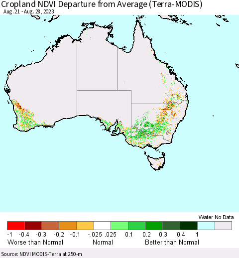 Australia Cropland NDVI Departure from Average (Terra-MODIS) Thematic Map For 8/21/2023 - 8/28/2023