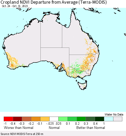 Australia Cropland NDVI Departure from Average (Terra-MODIS) Thematic Map For 10/24/2023 - 10/31/2023