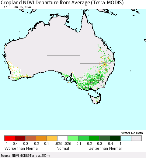 Australia Cropland NDVI Departure from Average (Terra-MODIS) Thematic Map For 1/9/2024 - 1/16/2024