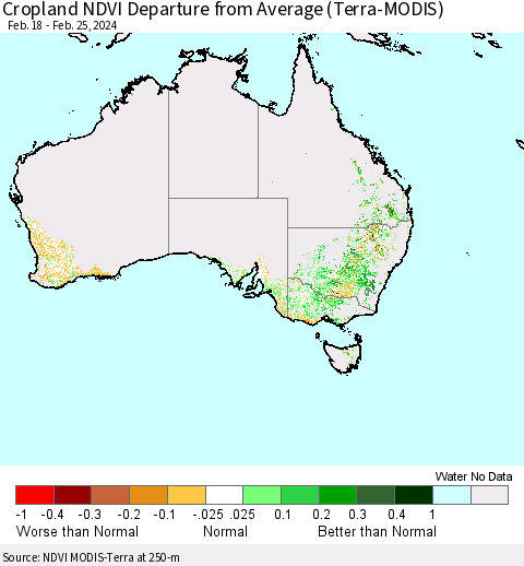 Australia Cropland NDVI Departure from Average (Terra-MODIS) Thematic Map For 2/18/2024 - 2/25/2024
