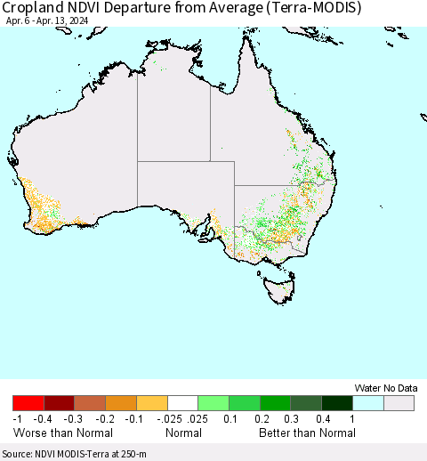 Australia Cropland NDVI Departure from Average (Terra-MODIS) Thematic Map For 4/6/2024 - 4/13/2024