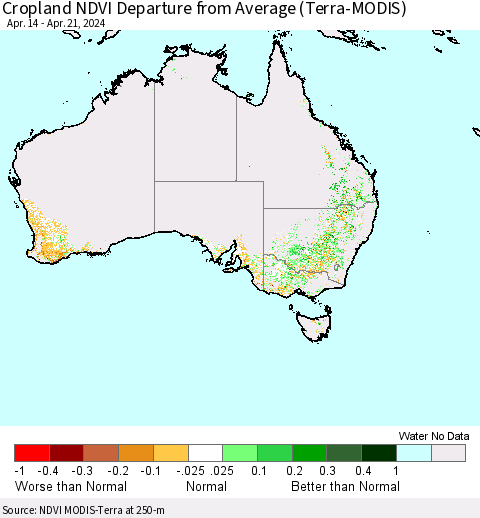 Australia Cropland NDVI Departure from Average (Terra-MODIS) Thematic Map For 4/14/2024 - 4/21/2024