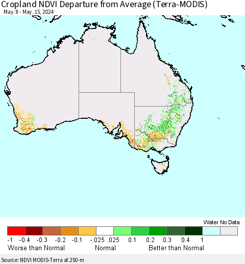 Australia Cropland NDVI Departure from Average (Terra-MODIS) Thematic Map For 5/8/2024 - 5/15/2024