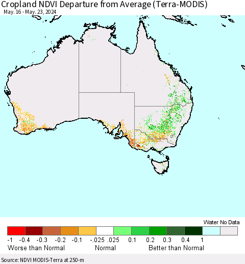 Australia Cropland NDVI Departure from Average (Terra-MODIS) Thematic Map For 5/16/2024 - 5/23/2024