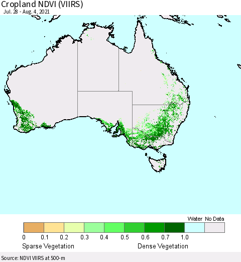 Australia Cropland NDVI (VIIRS) Thematic Map For 7/28/2021 - 8/4/2021