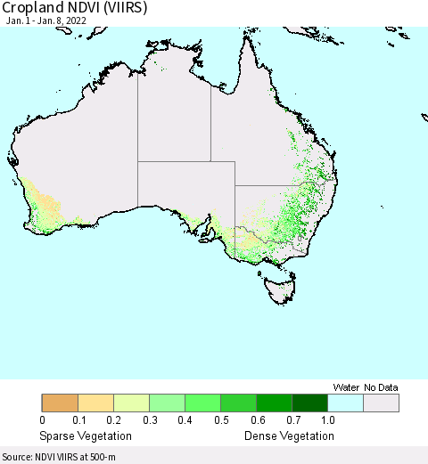 Australia Cropland NDVI (VIIRS) Thematic Map For 1/1/2022 - 1/8/2022