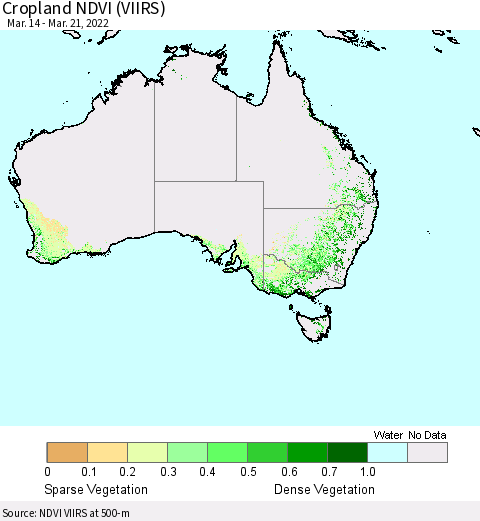Australia Cropland NDVI (VIIRS) Thematic Map For 3/14/2022 - 3/21/2022