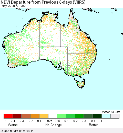 Australia NDVI Departure from Previous 8-days (VIIRS) Thematic Map For 5/25/2021 - 6/1/2021