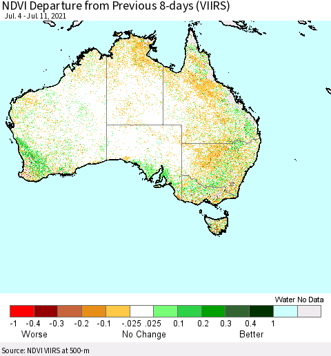 Australia NDVI Departure from Previous 8-days (VIIRS) Thematic Map For 7/4/2021 - 7/11/2021