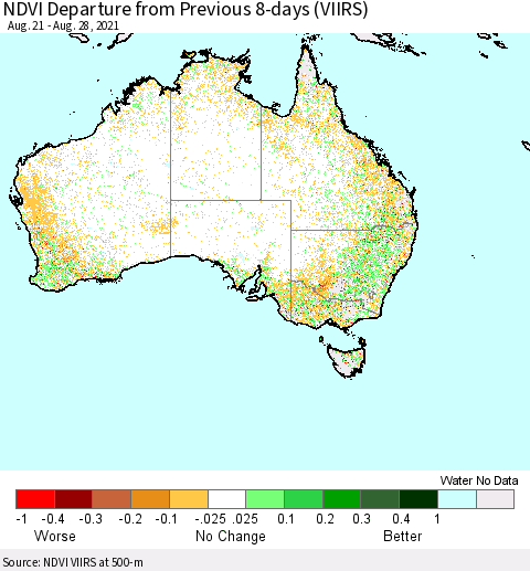 Australia NDVI Departure from Previous 8-days (VIIRS) Thematic Map For 8/21/2021 - 8/28/2021