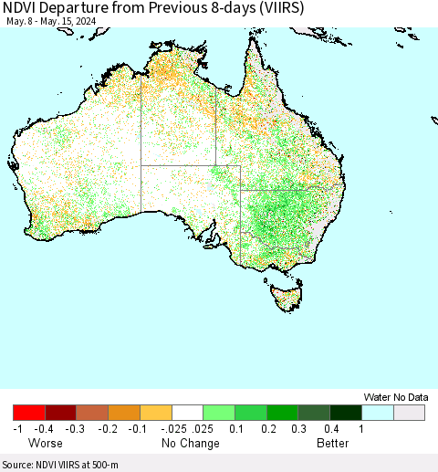Australia NDVI Departure from Previous 8-days (VIIRS) Thematic Map For 5/8/2024 - 5/15/2024