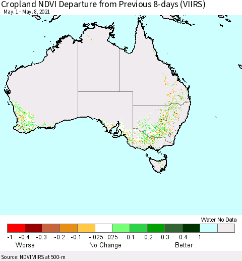 Australia Cropland NDVI Departure from Previous 8-days (VIIRS) Thematic Map For 5/1/2021 - 5/8/2021