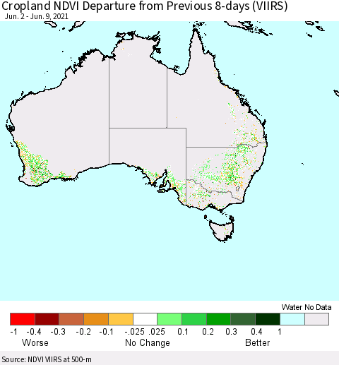 Australia Cropland NDVI Departure from Previous 8-days (VIIRS) Thematic Map For 6/2/2021 - 6/9/2021
