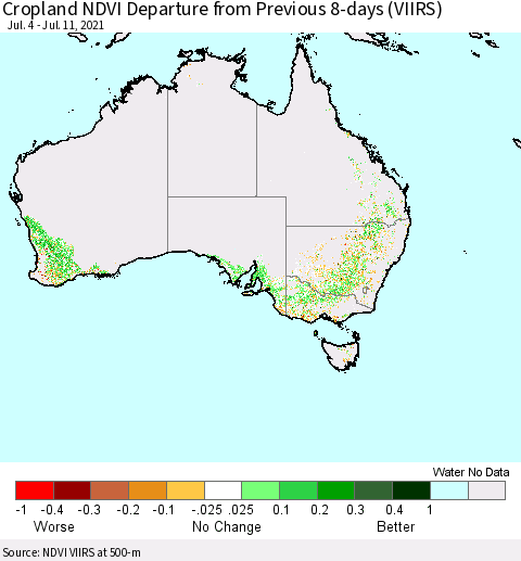 Australia Cropland NDVI Departure from Previous 8-days (VIIRS) Thematic Map For 7/4/2021 - 7/11/2021