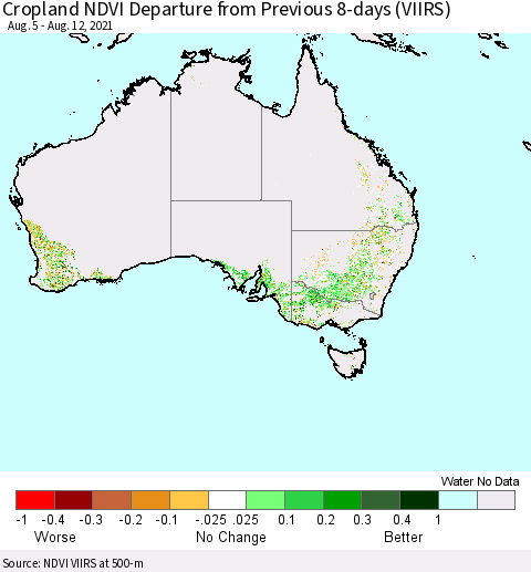 Australia Cropland NDVI Departure from Previous 8-days (VIIRS) Thematic Map For 8/5/2021 - 8/12/2021
