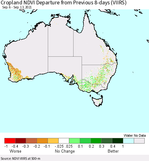 Australia Cropland NDVI Departure from Previous 8-days (VIIRS) Thematic Map For 9/6/2021 - 9/13/2021