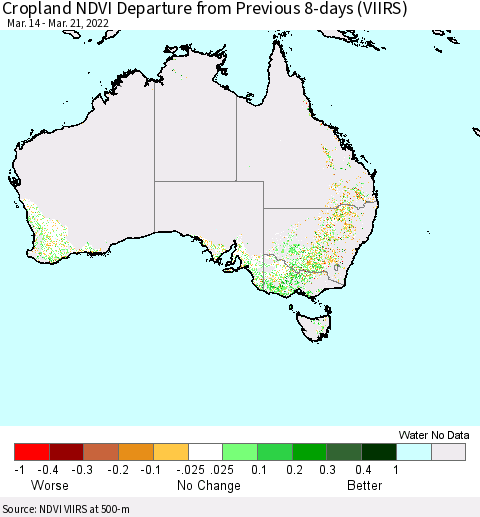 Australia Cropland NDVI Departure from Previous 8-days (VIIRS) Thematic Map For 3/14/2022 - 3/21/2022