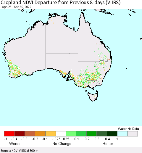 Australia Cropland NDVI Departure from Previous 8-days (VIIRS) Thematic Map For 4/23/2022 - 4/30/2022