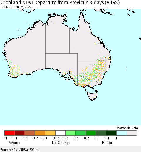 Australia Cropland NDVI Departure from Previous 8-days (VIIRS) Thematic Map For 1/17/2023 - 1/24/2023
