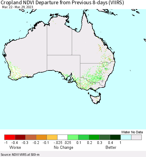 Australia Cropland NDVI Departure from Previous 8-days (VIIRS) Thematic Map For 3/22/2023 - 3/29/2023