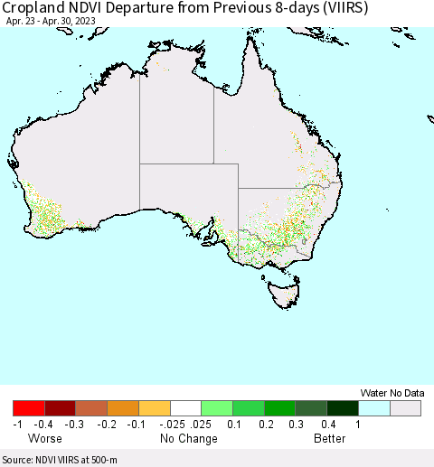 Australia Cropland NDVI Departure from Previous 8-days (VIIRS) Thematic Map For 4/23/2023 - 4/30/2023