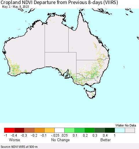 Australia Cropland NDVI Departure from Previous 8-days (VIIRS) Thematic Map For 5/1/2023 - 5/8/2023