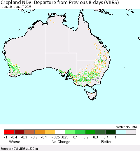 Australia Cropland NDVI Departure from Previous 8-days (VIIRS) Thematic Map For 6/10/2023 - 6/17/2023