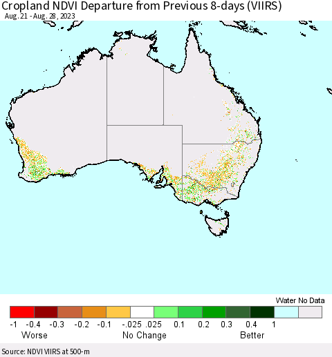 Australia Cropland NDVI Departure from Previous 8-days (VIIRS) Thematic Map For 8/21/2023 - 8/28/2023