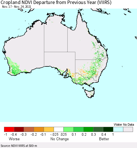 Australia Cropland NDVI Departure from Previous Year (VIIRS) Thematic Map For 11/17/2021 - 11/24/2021