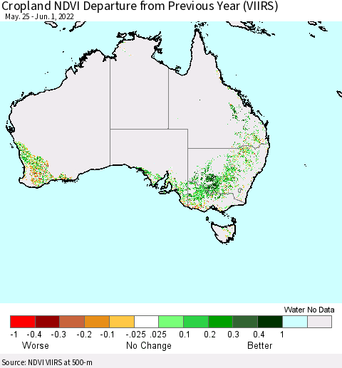 Australia Cropland NDVI Departure from Previous Year (VIIRS) Thematic Map For 5/25/2022 - 6/1/2022