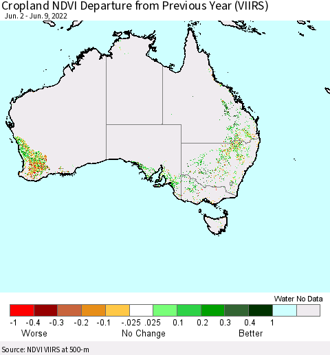 Australia Cropland NDVI Departure from Previous Year (VIIRS) Thematic Map For 6/2/2022 - 6/9/2022