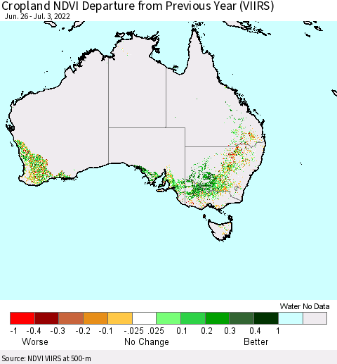 Australia Cropland NDVI Departure from Previous Year (VIIRS) Thematic Map For 6/26/2022 - 7/3/2022