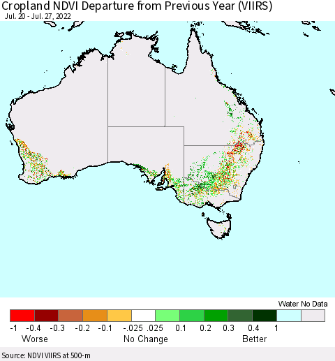 Australia Cropland NDVI Departure from Previous Year (VIIRS) Thematic Map For 7/20/2022 - 7/27/2022