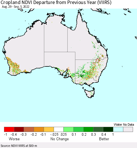 Australia Cropland NDVI Departure from Previous Year (VIIRS) Thematic Map For 8/29/2022 - 9/5/2022