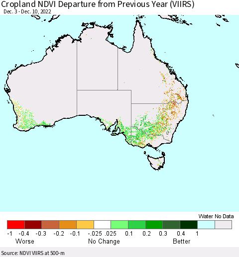 Australia Cropland NDVI Departure from Previous Year (VIIRS) Thematic Map For 12/3/2022 - 12/10/2022