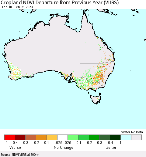 Australia Cropland NDVI Departure from Previous Year (VIIRS) Thematic Map For 2/18/2023 - 2/25/2023
