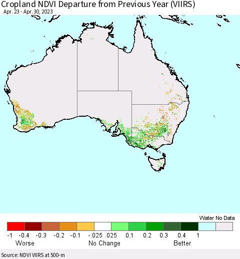 Australia Cropland NDVI Departure from Previous Year (VIIRS) Thematic Map For 4/23/2023 - 4/30/2023