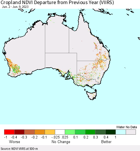 Australia Cropland NDVI Departure from Previous Year (VIIRS) Thematic Map For 6/2/2023 - 6/9/2023