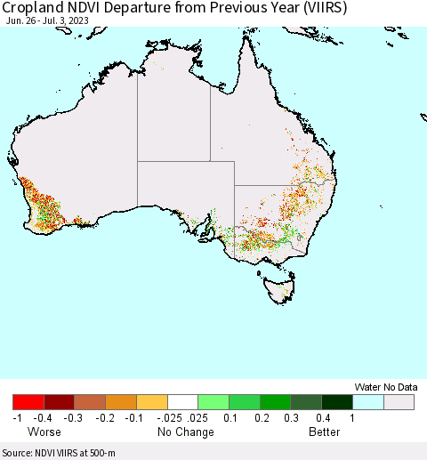 Australia Cropland NDVI Departure from Previous Year (VIIRS) Thematic Map For 6/26/2023 - 7/3/2023