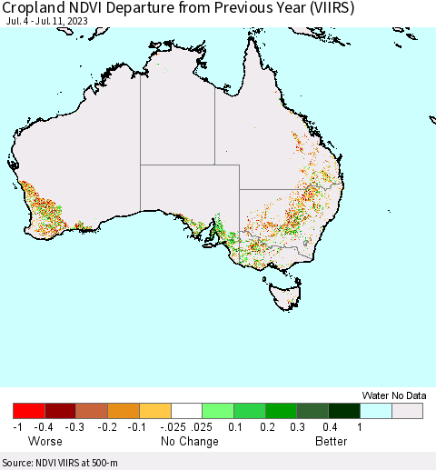 Australia Cropland NDVI Departure from Previous Year (VIIRS) Thematic Map For 7/4/2023 - 7/11/2023