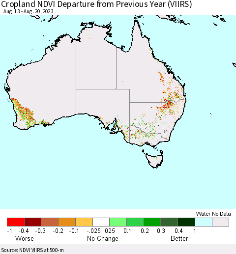Australia Cropland NDVI Departure from Previous Year (VIIRS) Thematic Map For 8/13/2023 - 8/20/2023