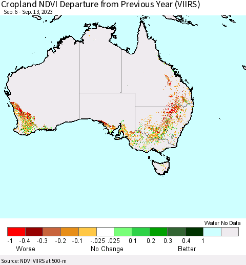 Australia Cropland NDVI Departure from Previous Year (VIIRS) Thematic Map For 9/6/2023 - 9/13/2023