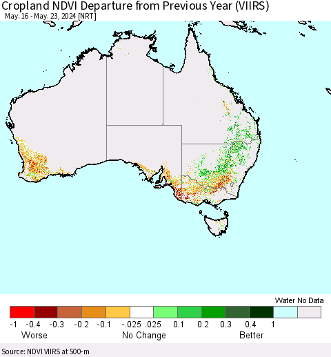 Australia Cropland NDVI Departure from Previous Year (VIIRS) Thematic Map For 5/16/2024 - 5/23/2024