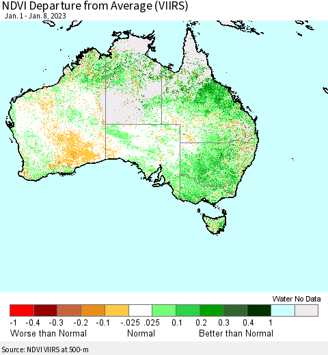 Australia NDVI Departure from Average (VIIRS) Thematic Map For 1/1/2023 - 1/8/2023