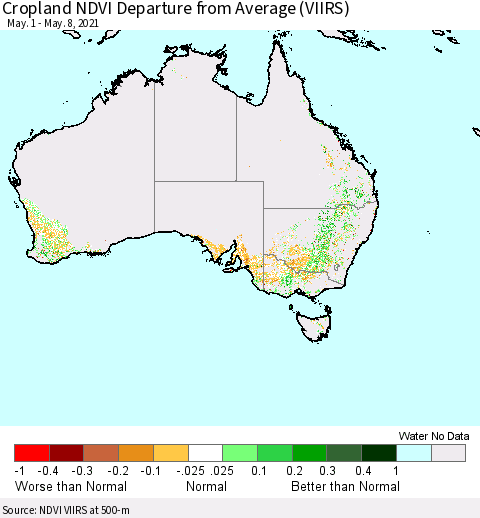 Australia Cropland NDVI Departure from Average (VIIRS) Thematic Map For 5/1/2021 - 5/8/2021