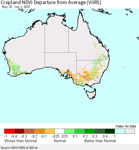 Australia Cropland NDVI Departure from Average (VIIRS) Thematic Map For 5/25/2021 - 6/1/2021