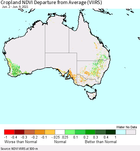 Australia Cropland NDVI Departure from Average (VIIRS) Thematic Map For 6/2/2021 - 6/9/2021