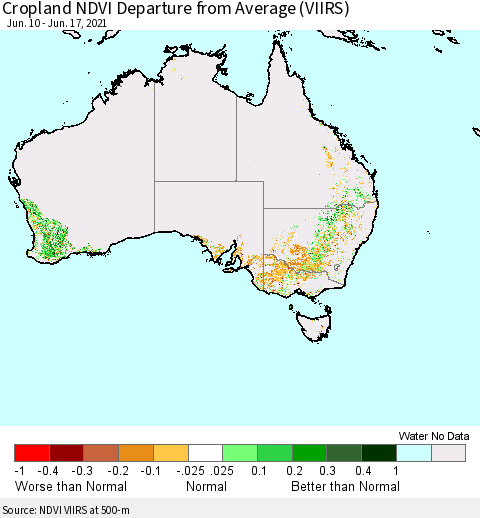 Australia Cropland NDVI Departure from Average (VIIRS) Thematic Map For 6/10/2021 - 6/17/2021